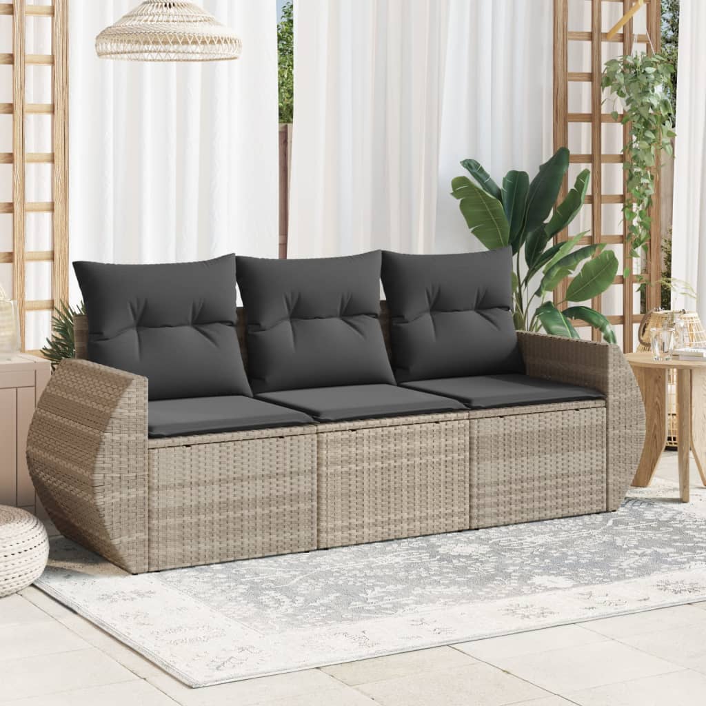 3 Pcs conj. sofás jardim c/ almofadões vime PE cinzento-claro
