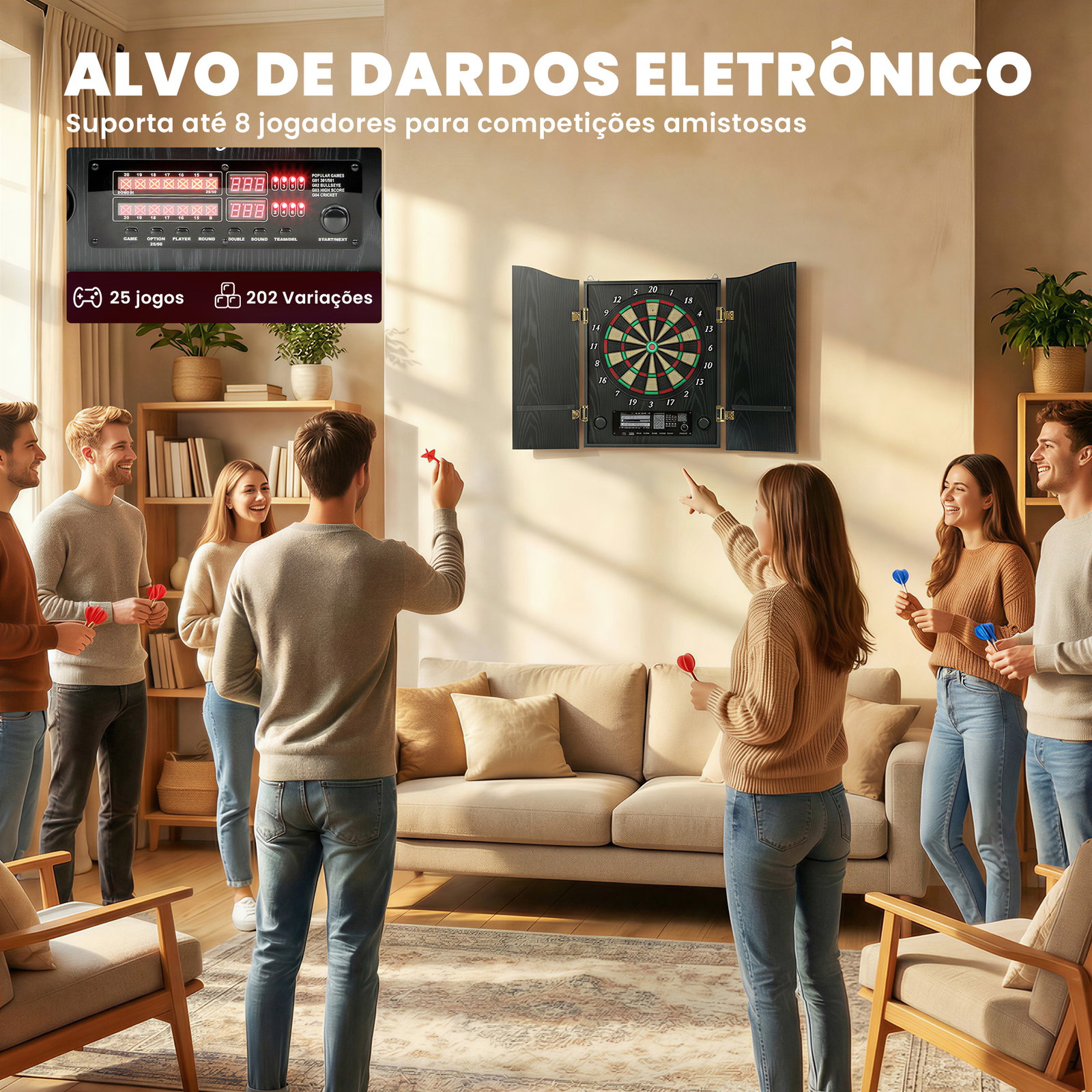 Spalvo eletrónico com 6 dardos de ponta macia e 24 pontas de substituição 2 ecrãs LED avisos de voz até 8 jogadores com 25 jogos