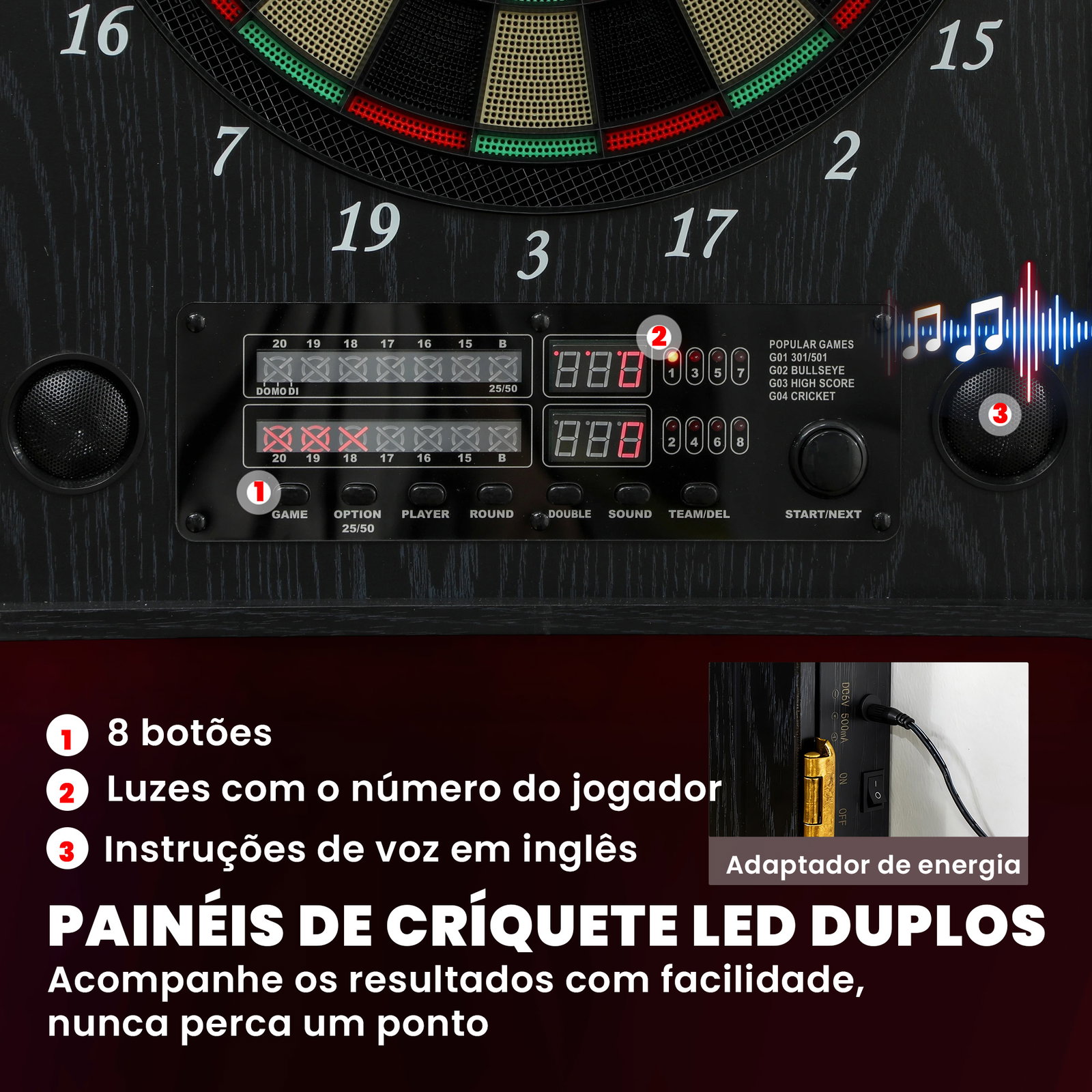 Spalvo eletrónico com 6 dardos de ponta macia e 24 pontas de substituição 2 ecrãs LED avisos de voz até 8 jogadores com 25 jogos