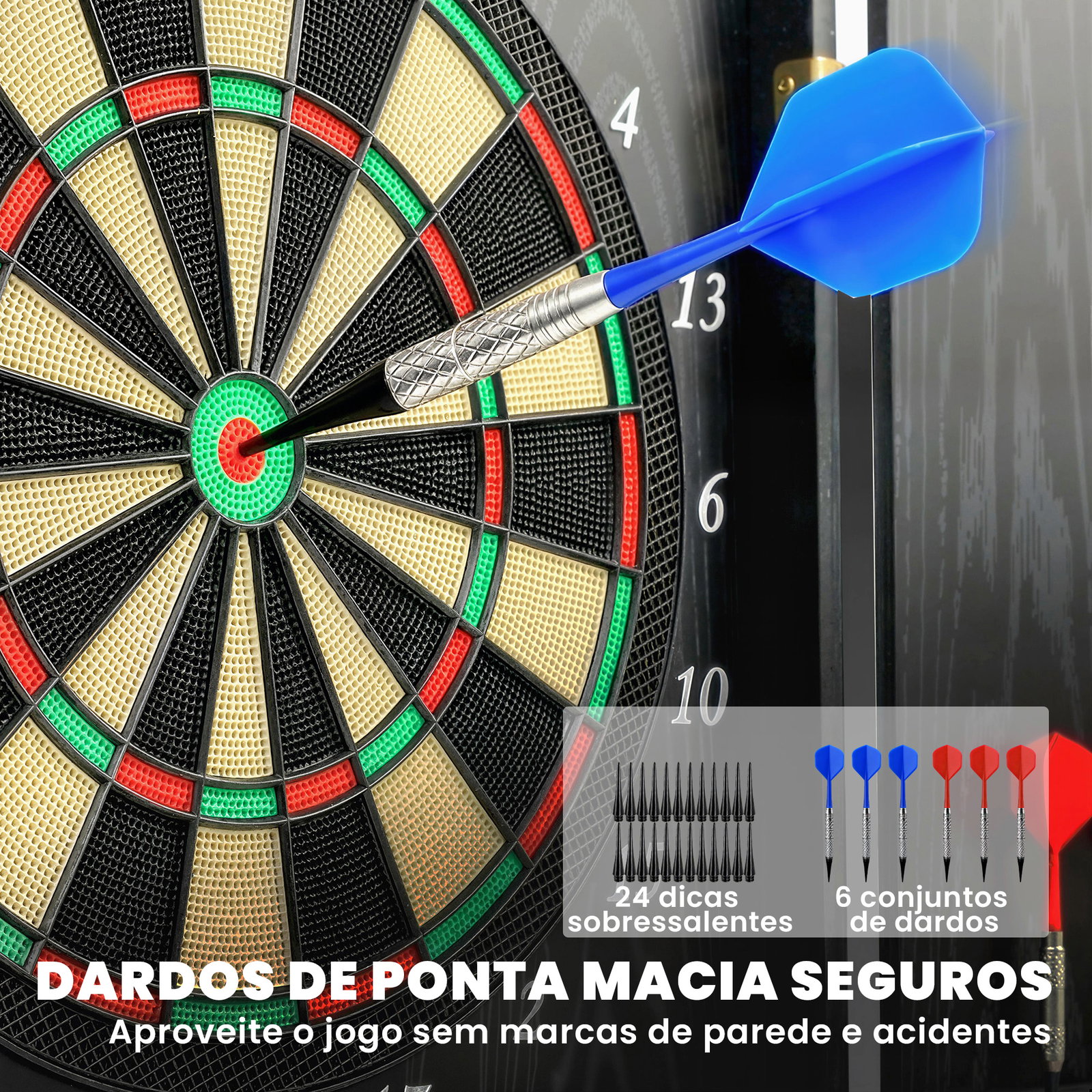 Spalvo eletrónico com 6 dardos de ponta macia e 24 pontas de substituição 2 ecrãs LED avisos de voz até 8 jogadores com 25 jogos