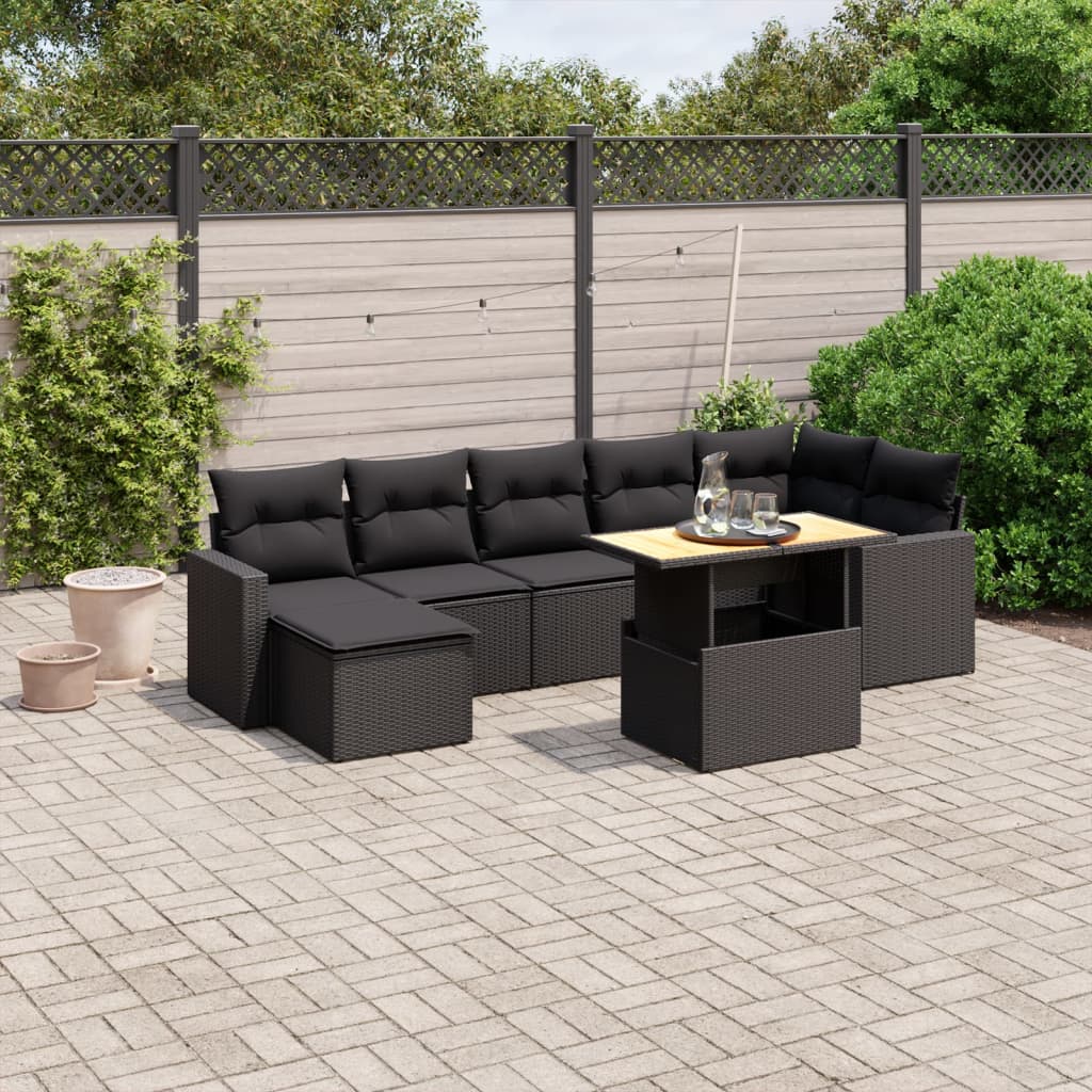 8 Pcs conjunto sofás de jardim com almofadões vime PE preto