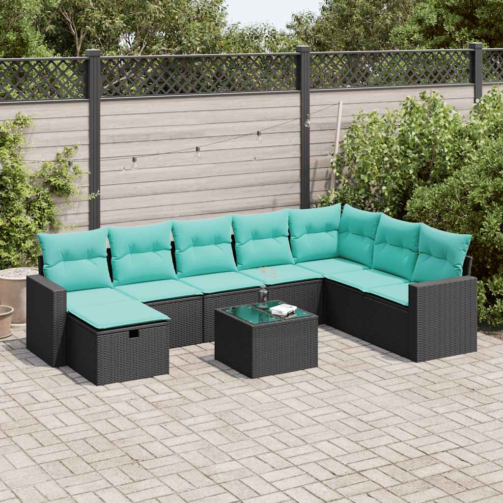9 Pcs conjunto de sofás p/ jardim c/ almofadões vime PE preto