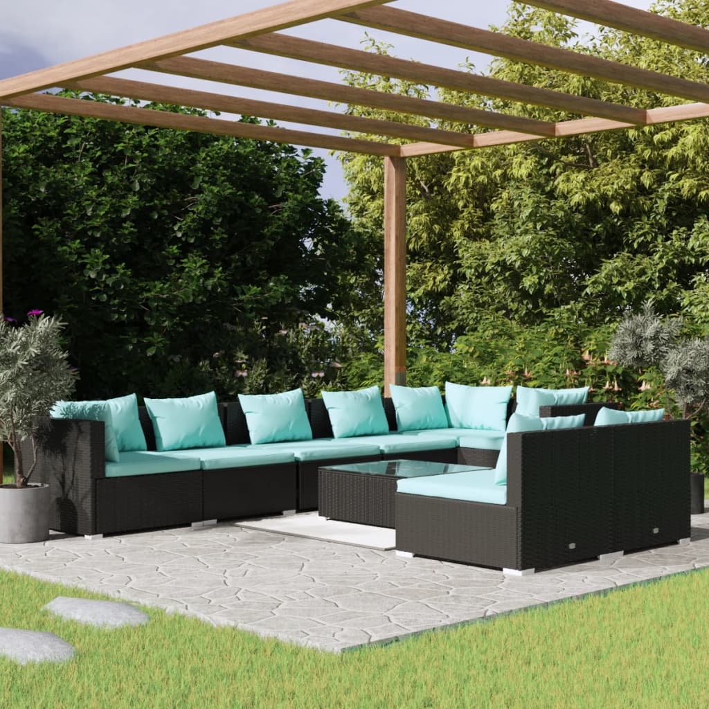 9 Pcs conjunto lounge de jardim c/ almofadões vime PE preto