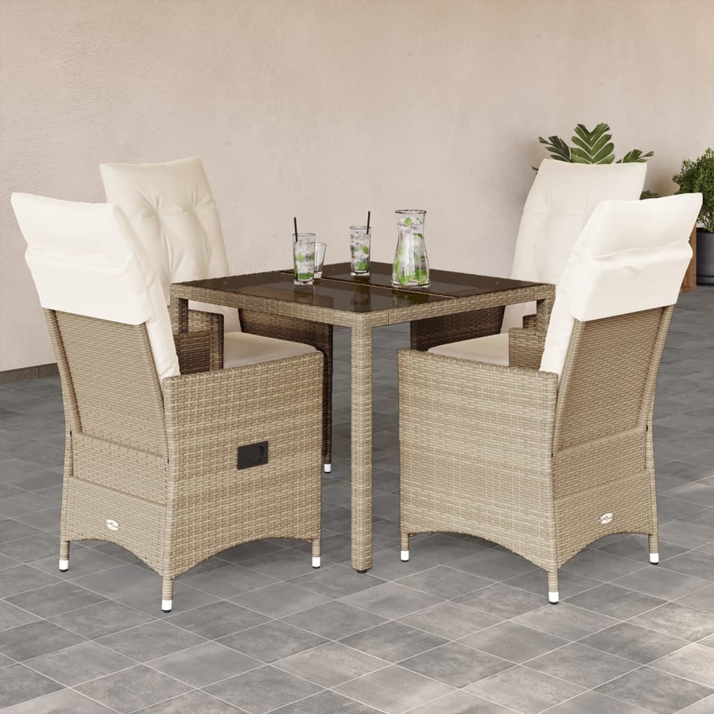 5 Pcs conjunto de jantar p/ jardim com almofadões vime PE bege