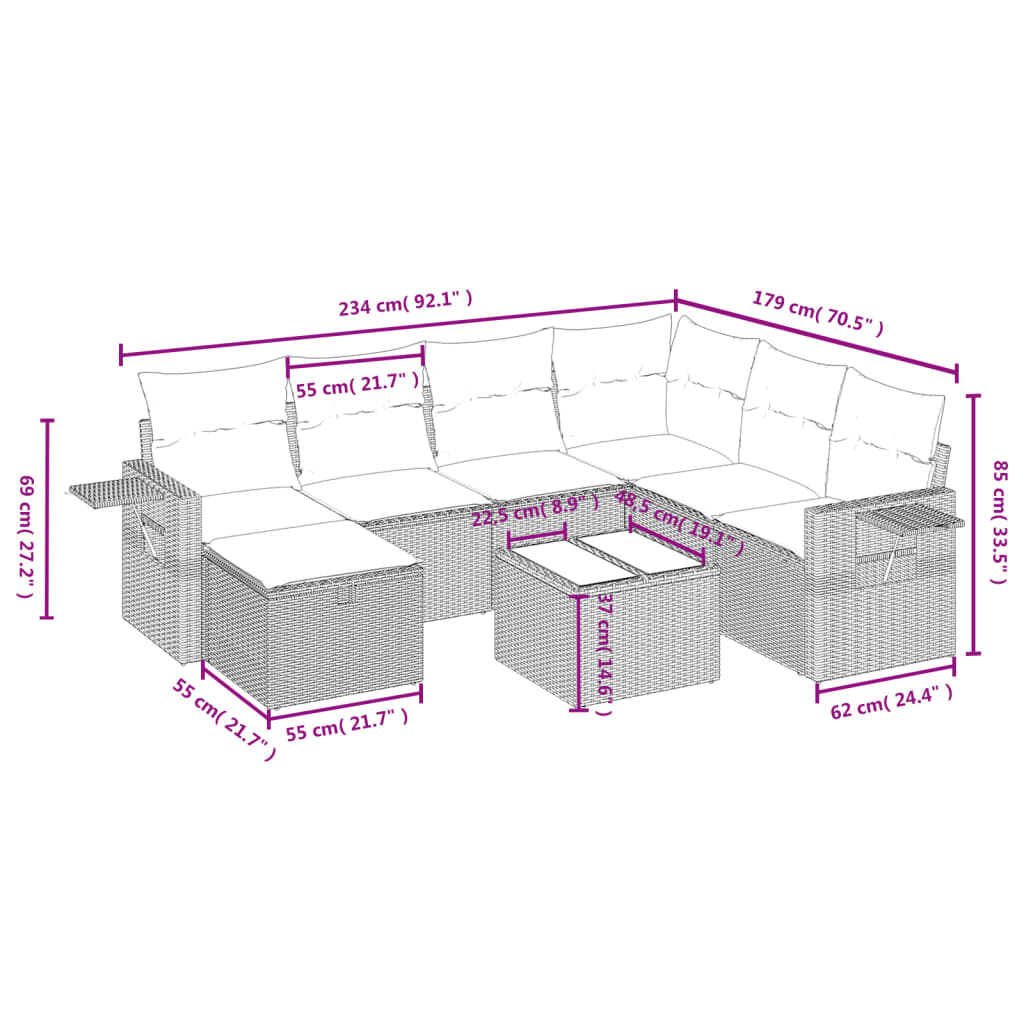 8 Pcs conjunto sofás de jardim com almofadões vime PE preto