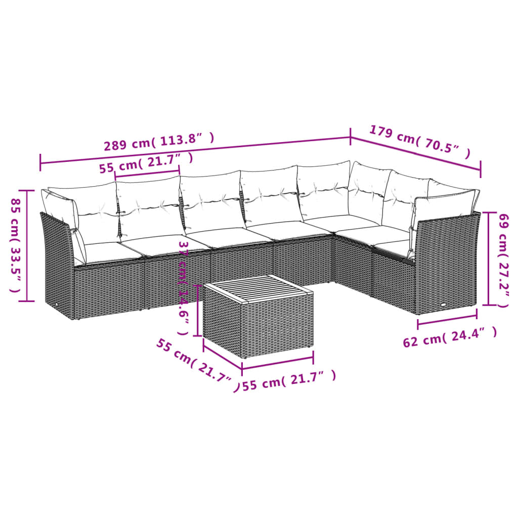 8 Pcs conjunto de sofás p/ jardim com almofadões vime PE bege
