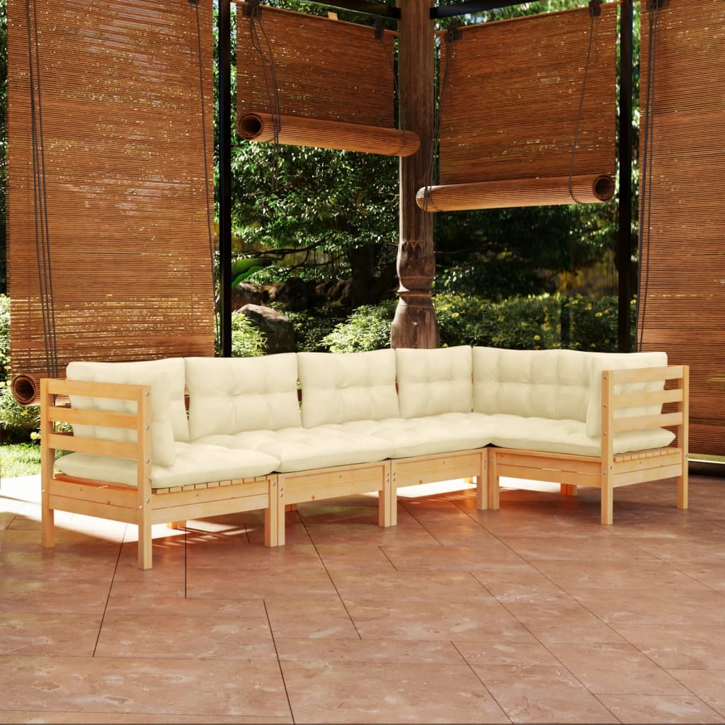 5 Pcs conjunto lounge de jardim c/ almofadões cor creme pinho