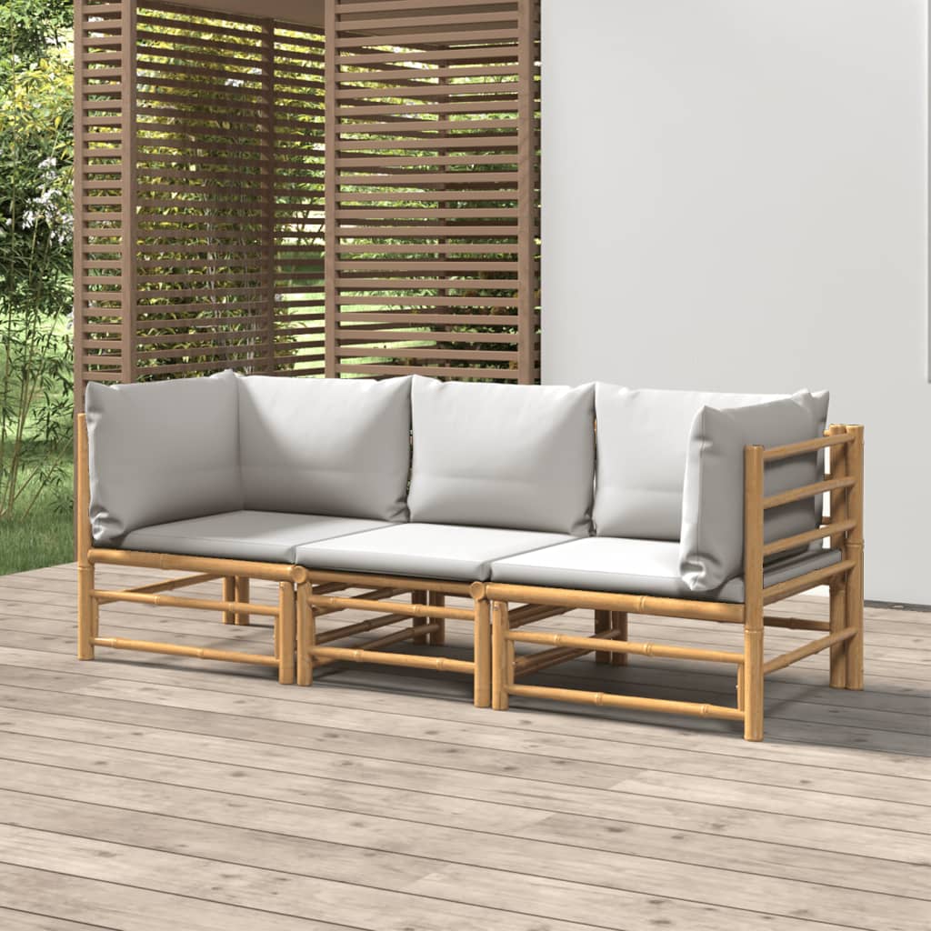 3 Pcs conj. lounge de jardim bambu c/ almofadões cinzento-claro