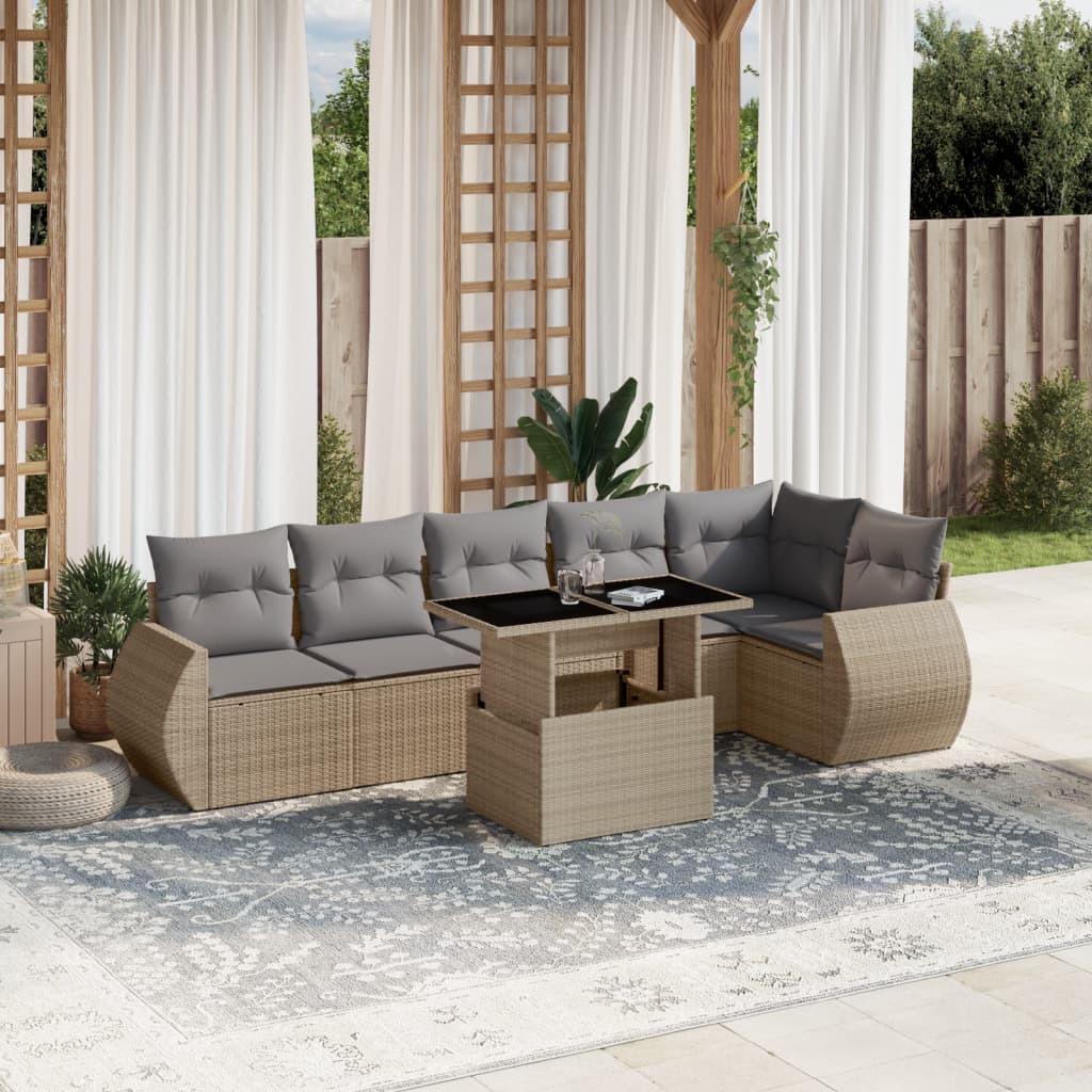 7 Pcs conjunto de sofás p/ jardim com almofadões vime PE bege
