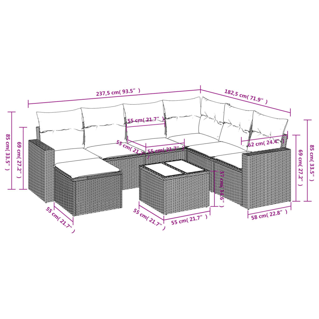 8 Pcs conjunto sofás de jardim com almofadões vime PE preto