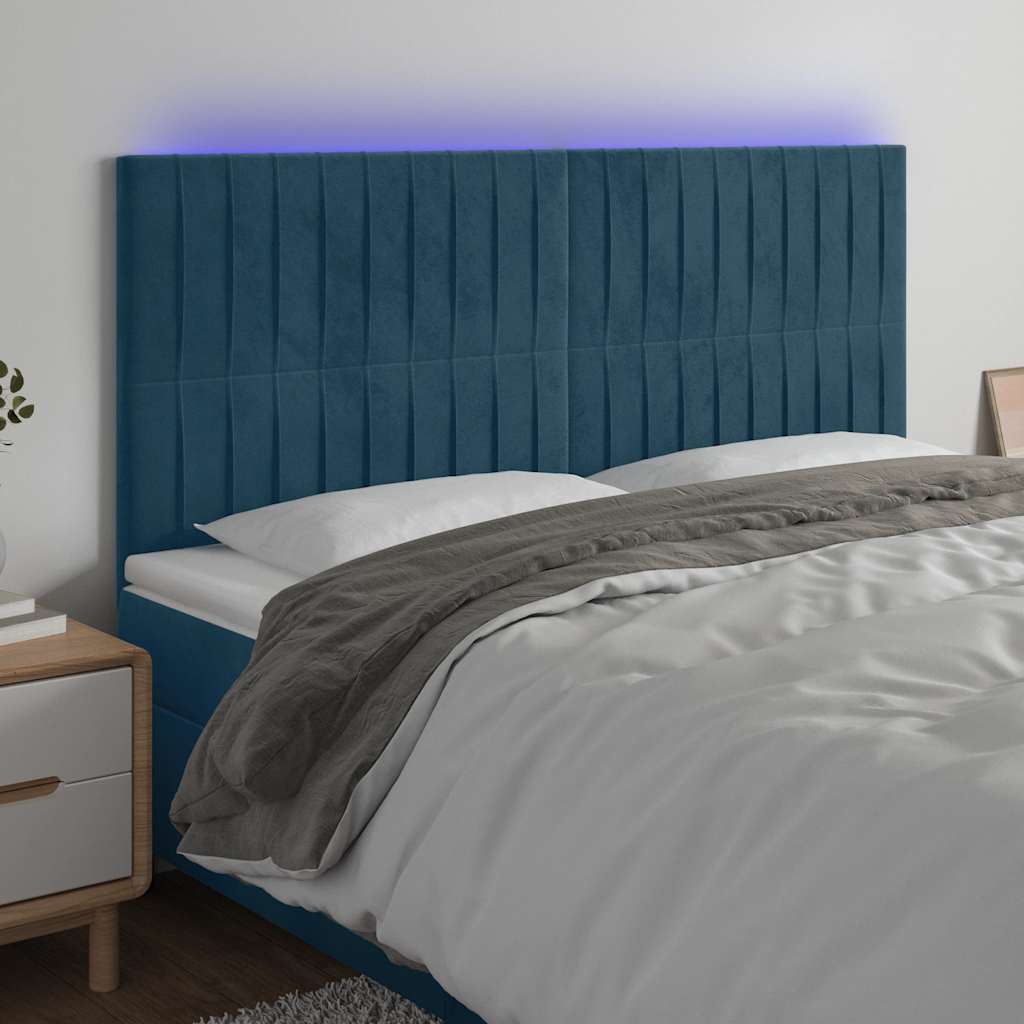 Cabeceira cama c/ luzes LED veludo 200x5x118/128cm azul-escuro