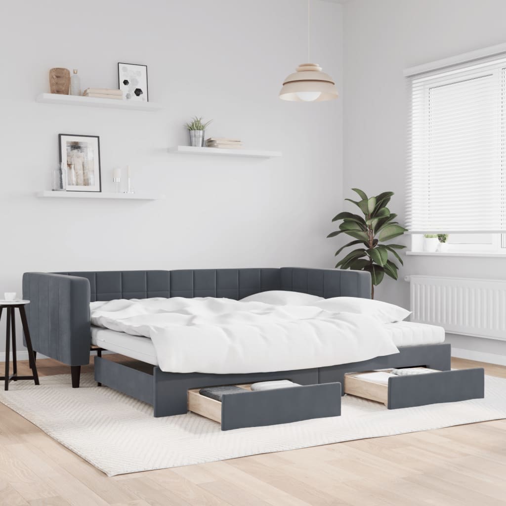 Sofá-cama c/ gavetão e gavetas 100x200cm veludo cinzento-escuro