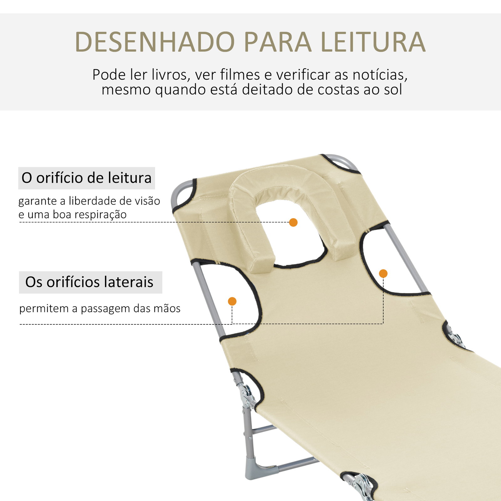 Espreguiçadeira de Jardim Reclinável e Dobrável com Orifício de Leitura Apoio para Cabeça e Encosto Ajustável em 4 Níveis para P