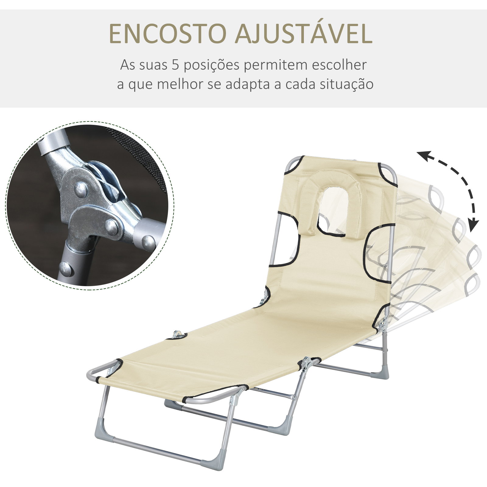 Espreguiçadeira de Jardim Reclinável e Dobrável com Orifício de Leitura Apoio para Cabeça e Encosto Ajustável em 4 Níveis para P