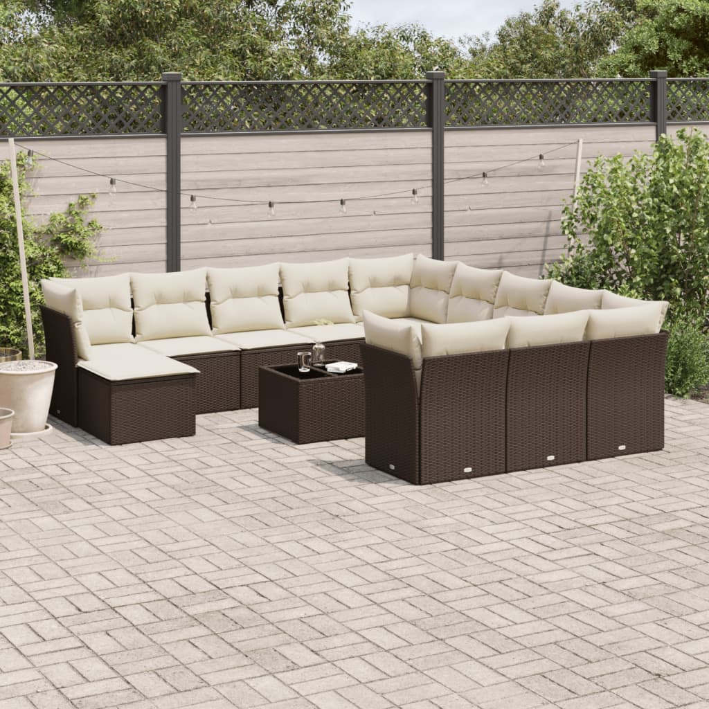 13 Pcs conjunto sofás p/ jardim c/ almofadões vime PE castanho
