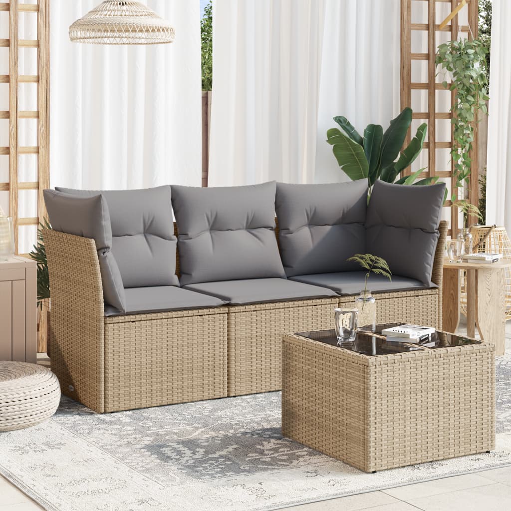4 Pcs conjunto de sofás para jardim c/ almofadões vime PE bege