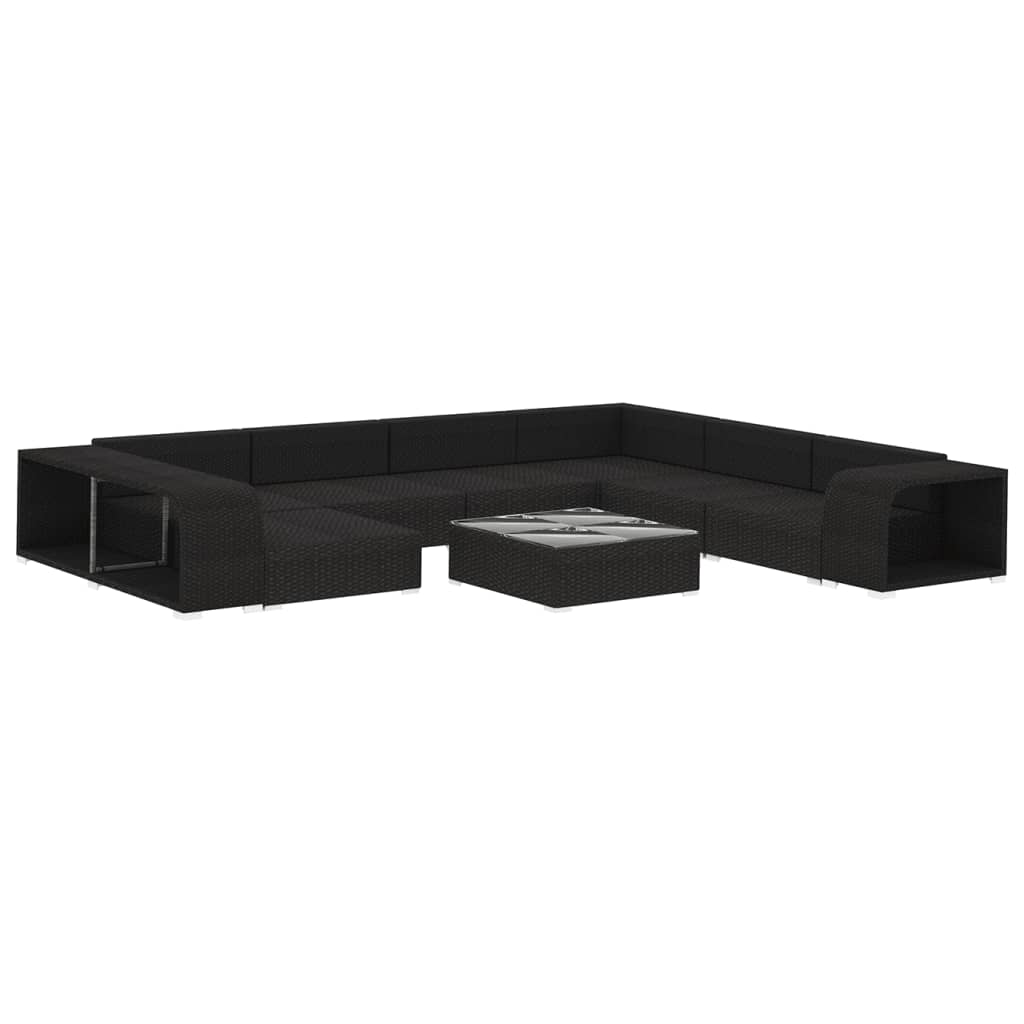 10 Pcs conjunto lounge de jardim c/ almofadões vime PE preto