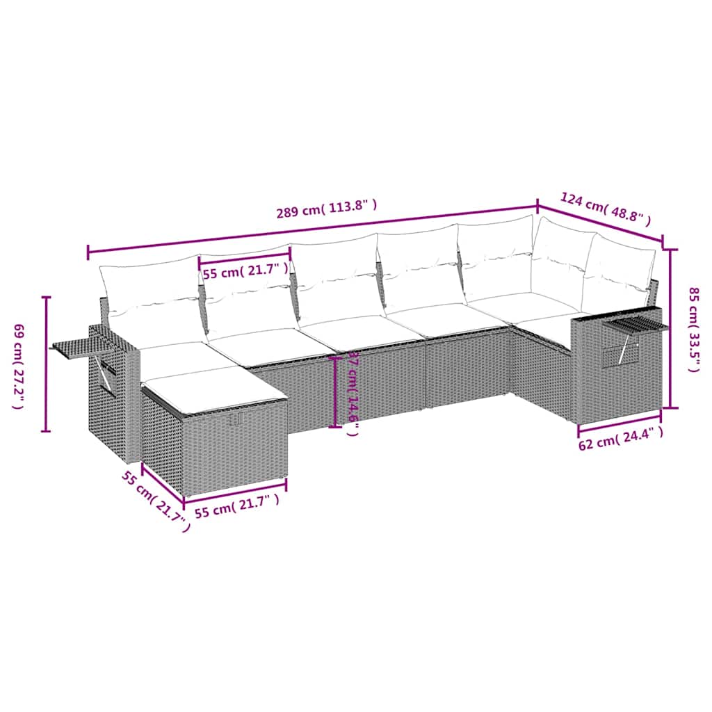 7 Pcs conjunto de sofás p/ jardim c/ almofadões vime PE preto