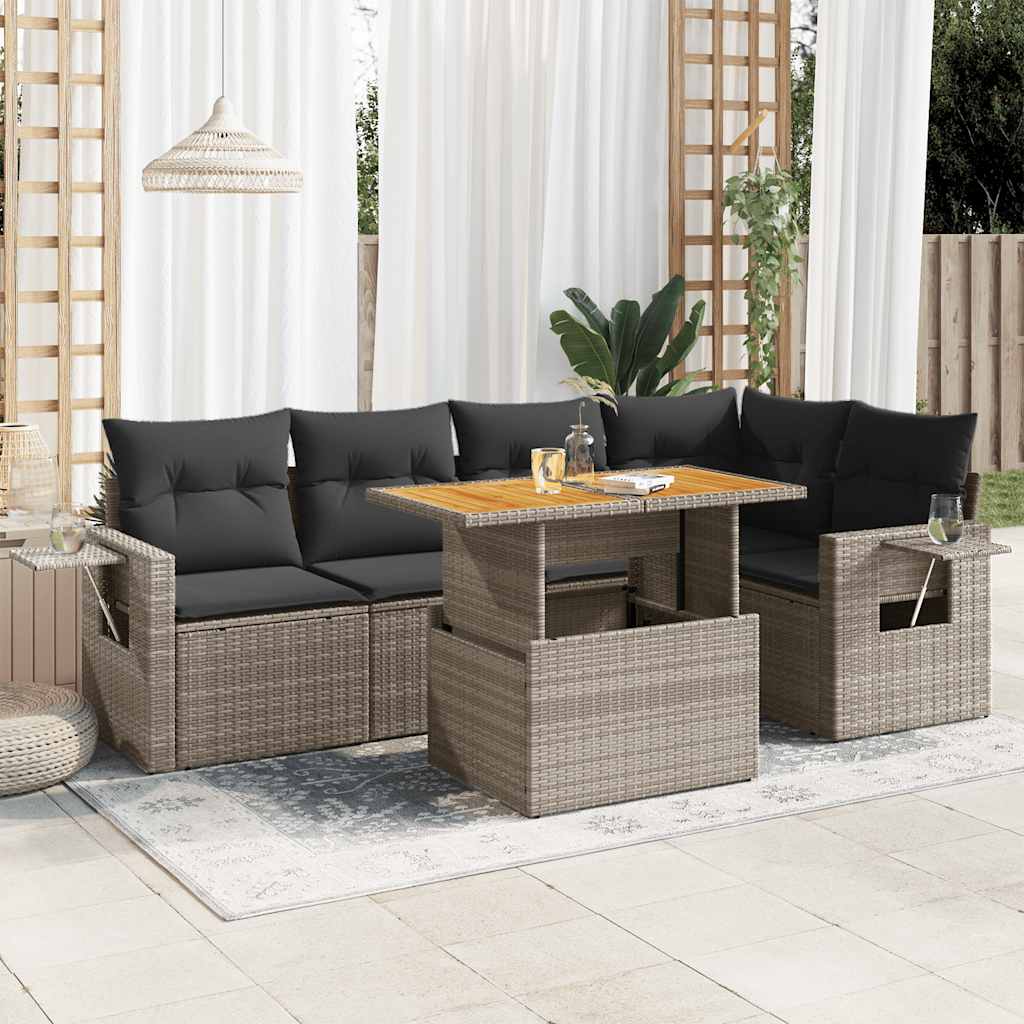 6 Pcs conjunto sofás de jardim com almofadões vime cinzento