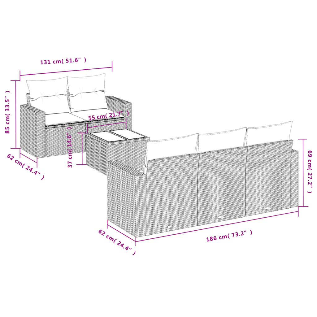 6 Pcs conjunto de sofás p/ jardim com almofadões vime PE bege