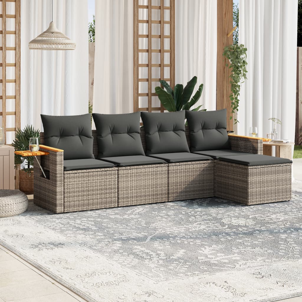 5 Pcs conjunto sofás de jardim c/ almofadões vime PE cinzento
