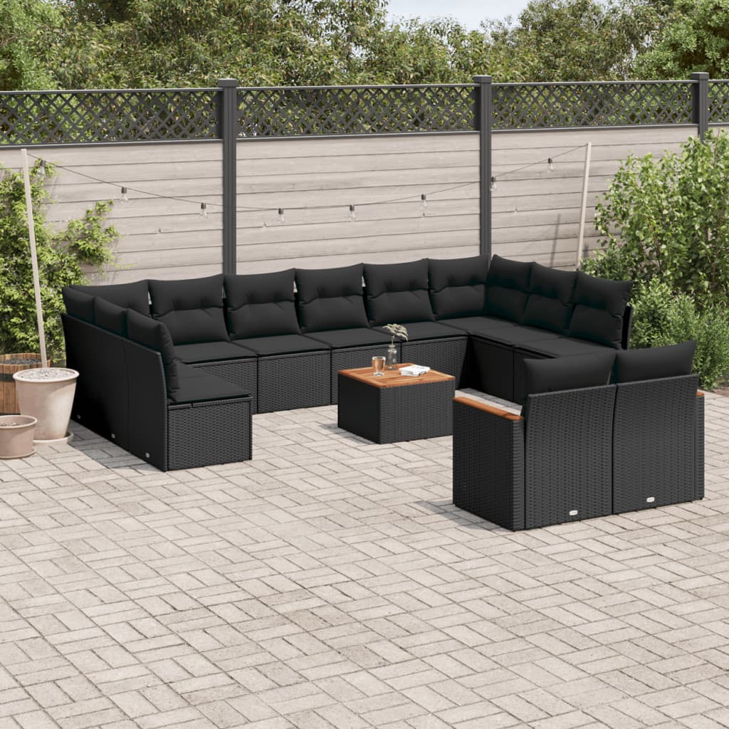 13 Pcs conjunto de sofás de jardim com almofadões vime PE preto