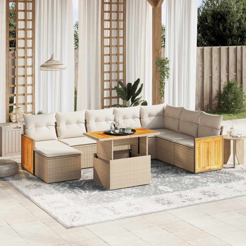 9 Pcs conjunto de sofás p/ jardim com almofadões vime PE bege