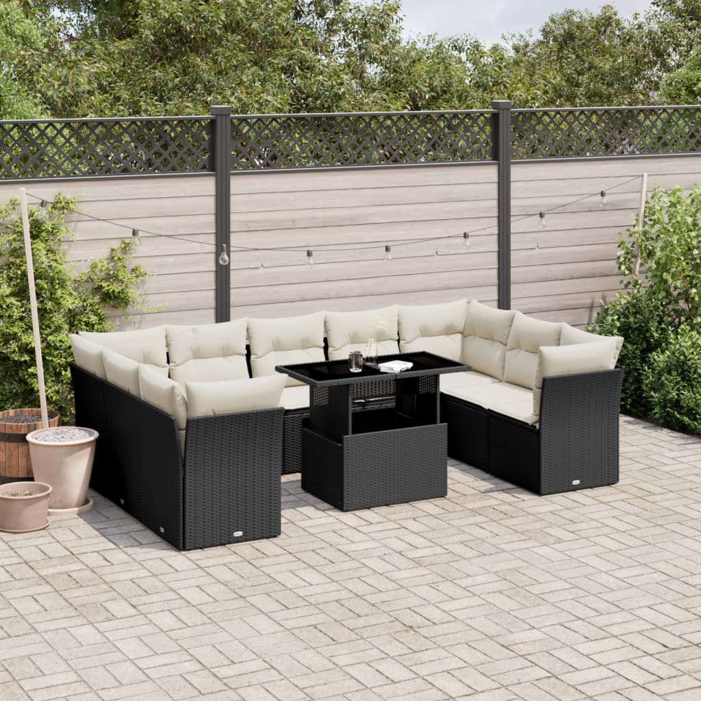 10 Pcs conjunto sofás de jardim c/ almofadões vime PE preto