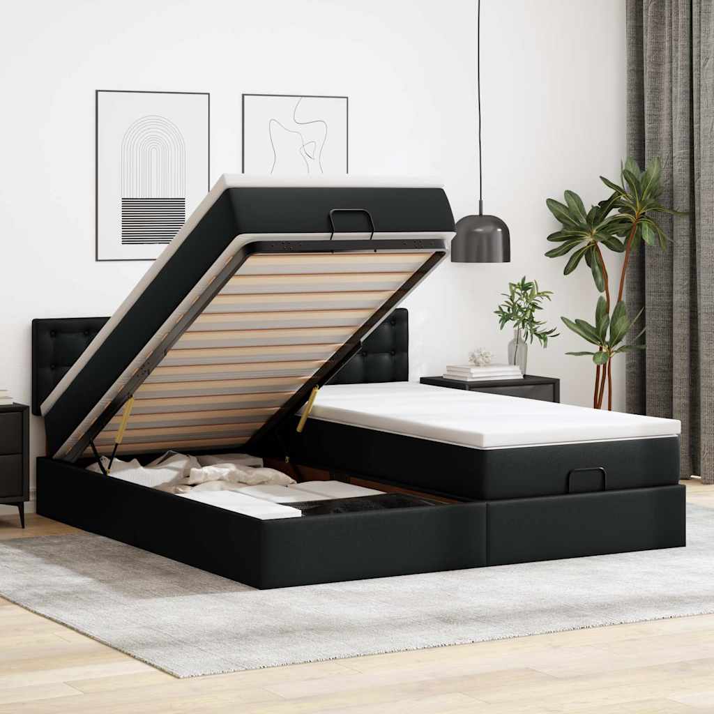 Estrutura de cama otomana com colchões pele artificial preta