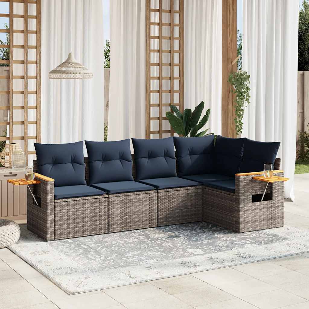 5 Pcs conjunto sofás p/ jardim c/ almofadões vime PE cinzento