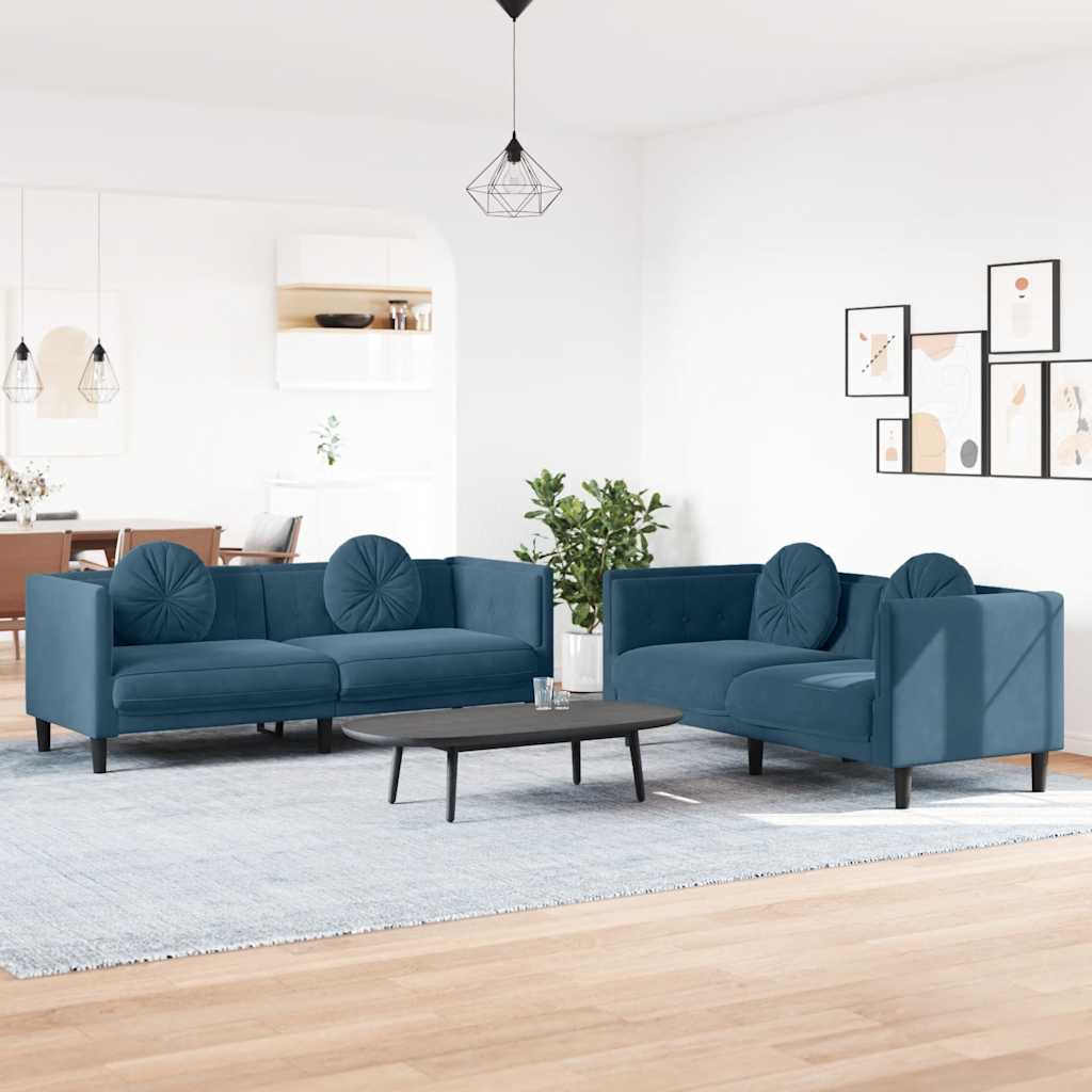 2 Pcs conjunto de sofás com almofadas veludo azul