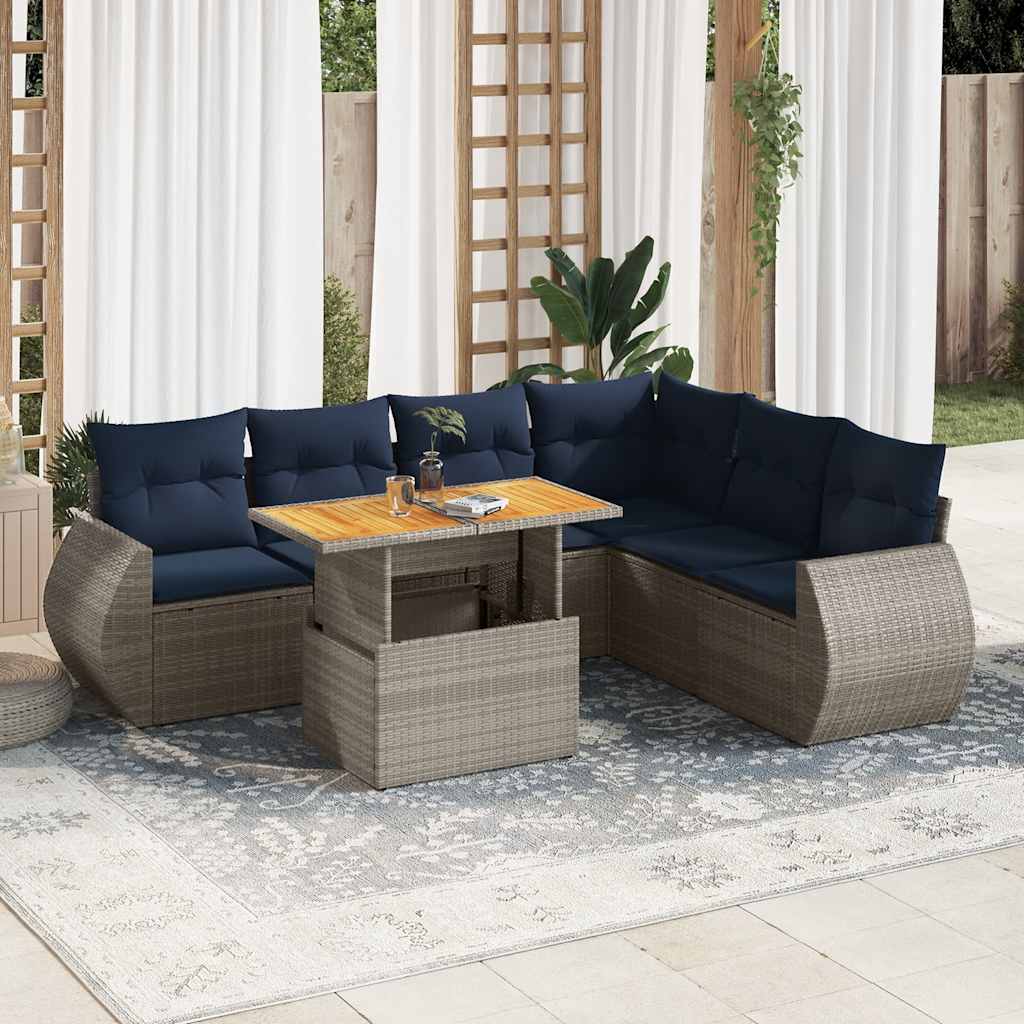 7 Pcs conjunto sofás p/ jardim c/ almofadões vime PE cinzento