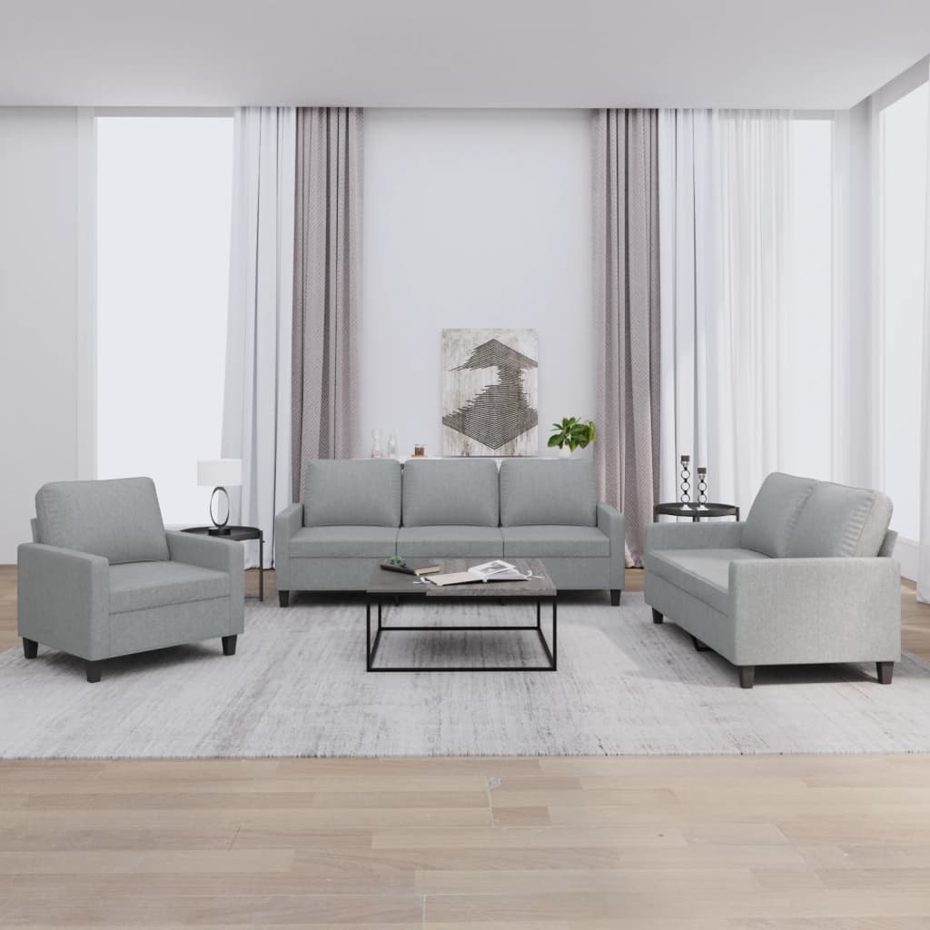 3 Pcs conjunto de sofás com almofadões tecido cinzento-claro