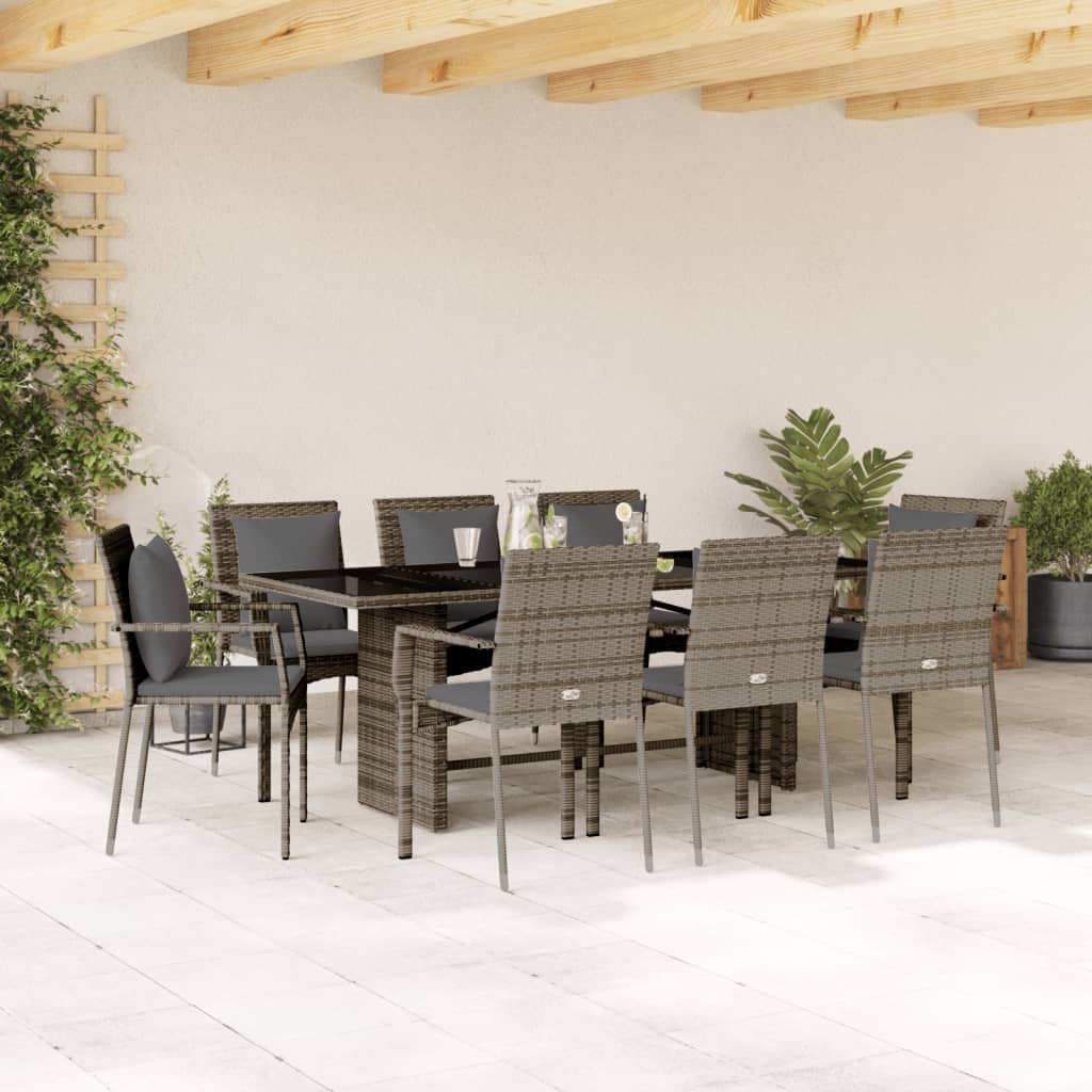 9 Pcs conjunto de jantar p/ jardim c/ almofadões vime PE cinza