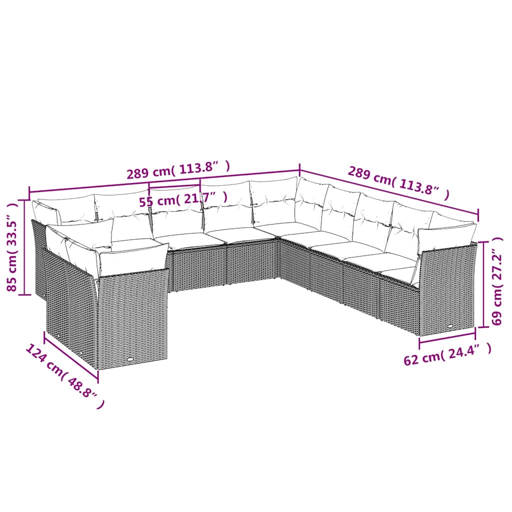 11 Pcs conjunto sofás de jardim c/ almofadões vime PE preto