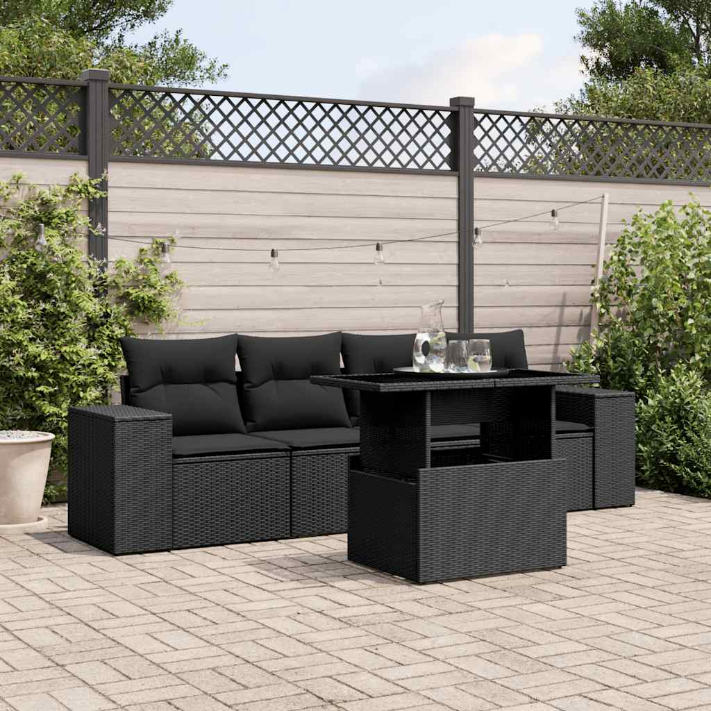 5 Pcs conjunto sofás de jardim com almofadões vime PE preto