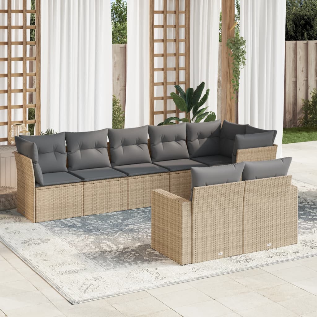 8 Pcs conjunto de sofás p/ jardim com almofadões vime PE bege