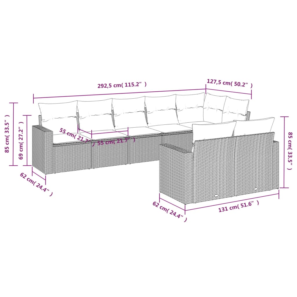 8 Pcs conjunto de sofás p/ jardim com almofadões vime PE bege