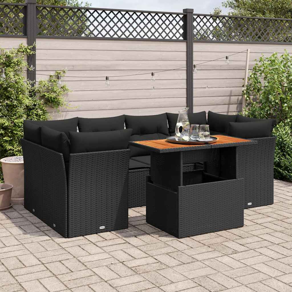 7 Pcs conjunto de sofás p/ jardim c/ almofadões vime PE preto