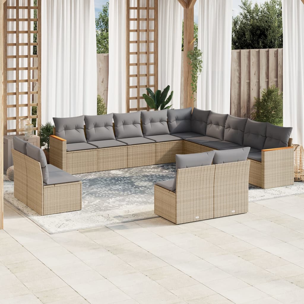 13 Pcs conjunto de sofás p/ jardim com almofadões vime PE bege