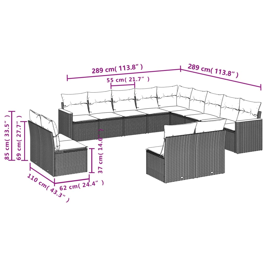13 Pcs conjunto de sofás p/ jardim com almofadões vime PE bege