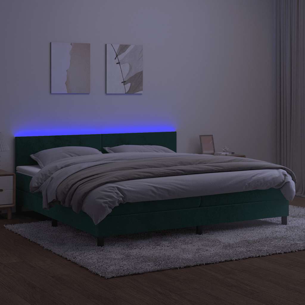 Cama box spring c/ colchão/LED 200x200 cm veludo verde-escuro