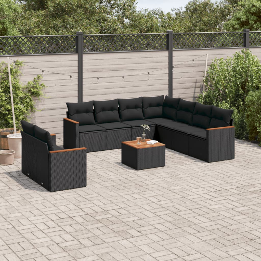 10 Pcs conjunto sofás de jardim c/ almofadões vime PE preto