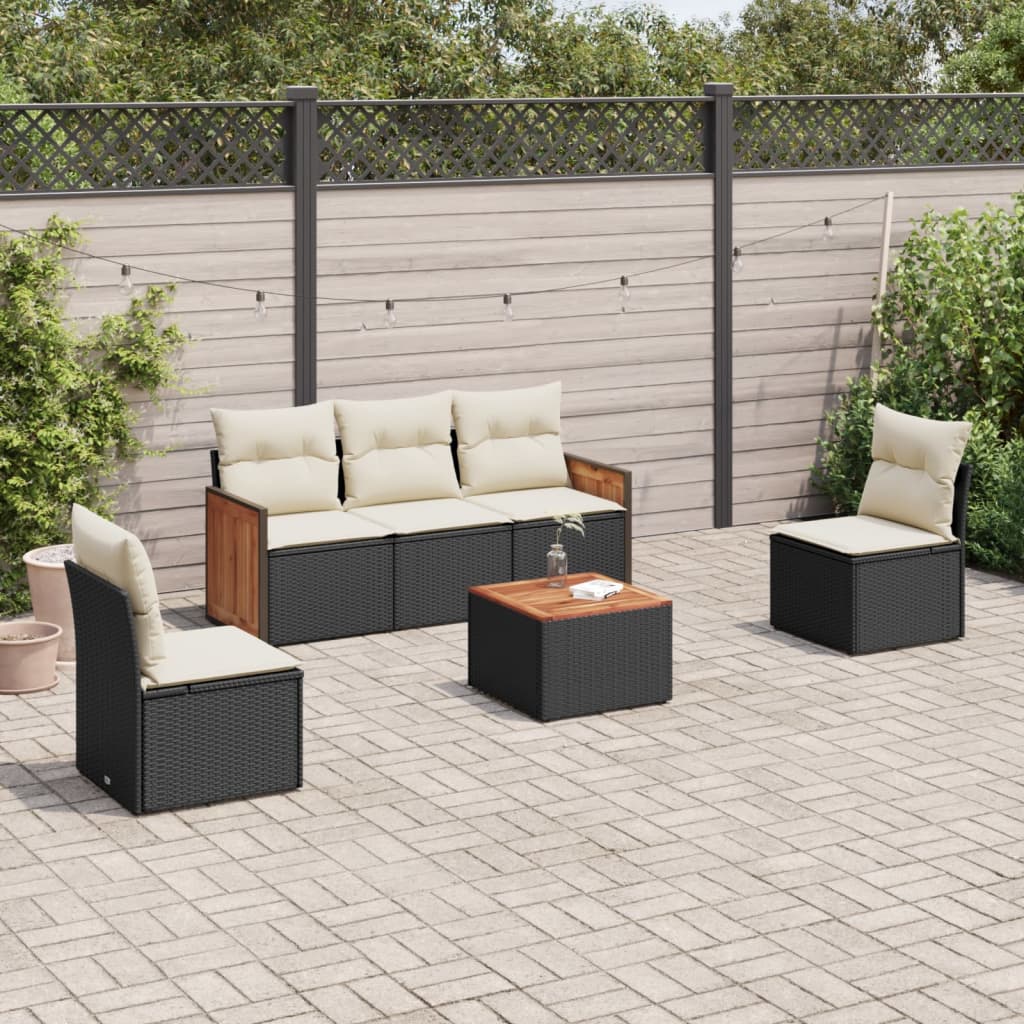 6 Pcs conjunto sofás de jardim c/ almofadões vime PE preto