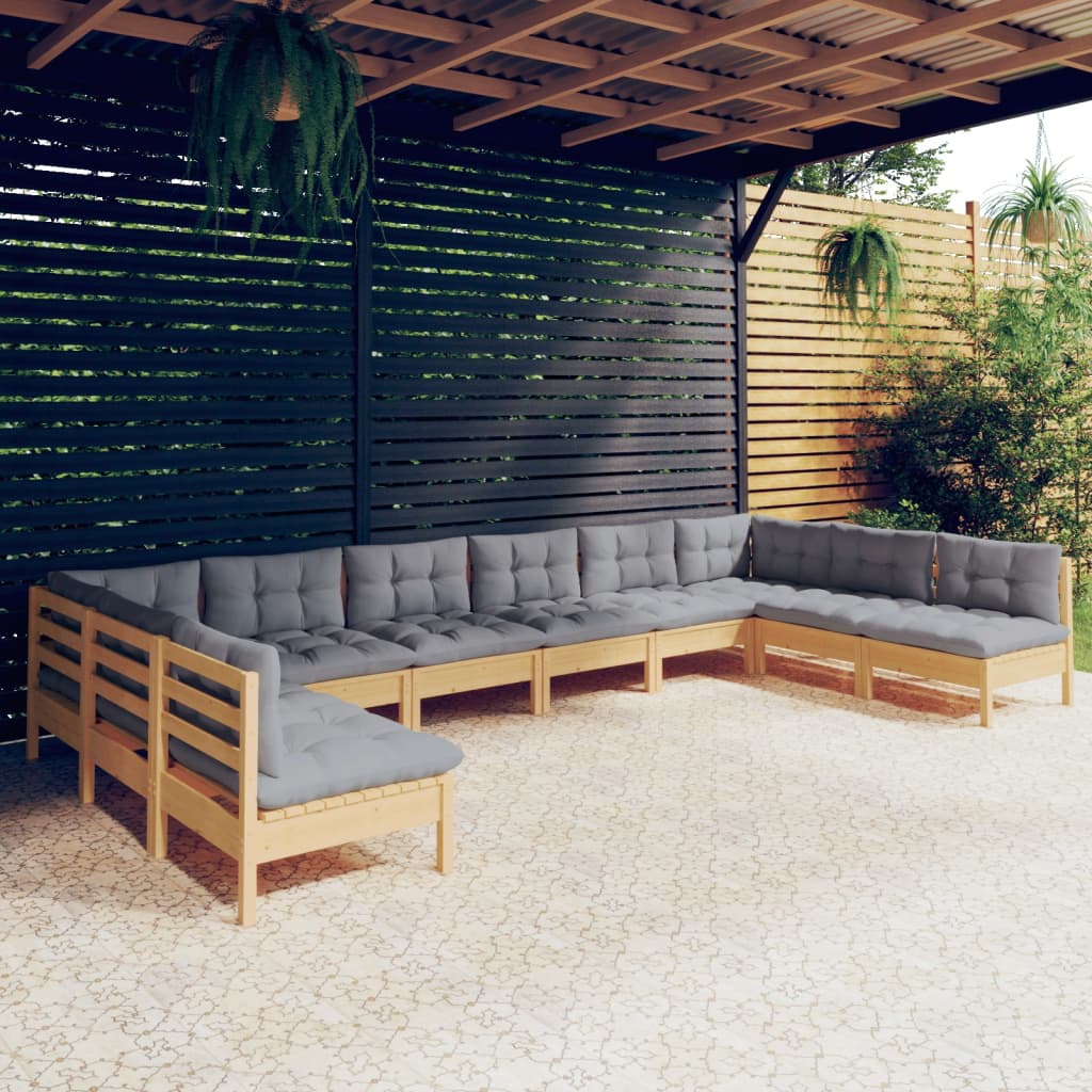 10Pcs conjunto lounge de jardim + almofadões cinza pinho maciço