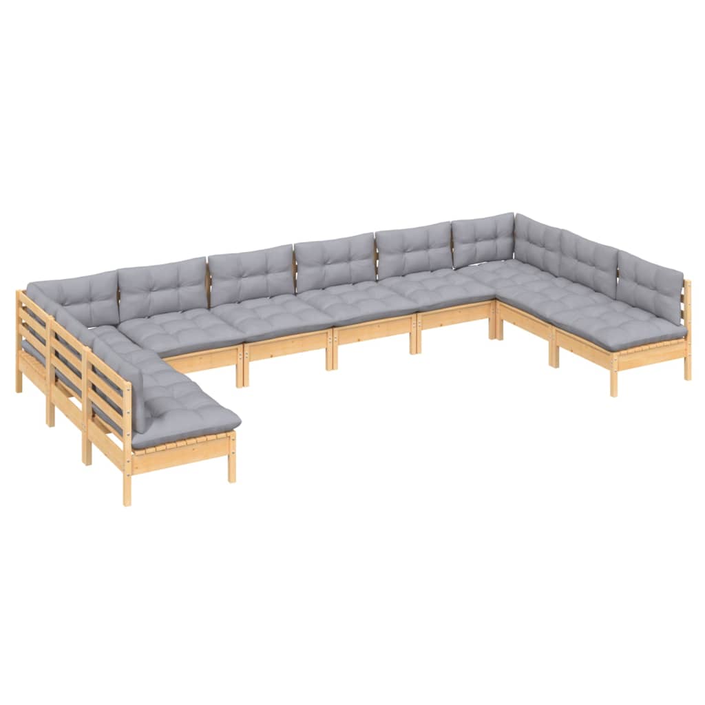10Pcs conjunto lounge de jardim + almofadões cinza pinho maciço