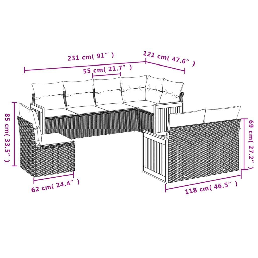 8 Pcs conjunto sofás de jardim c/ almofadões vime PE cinzento
