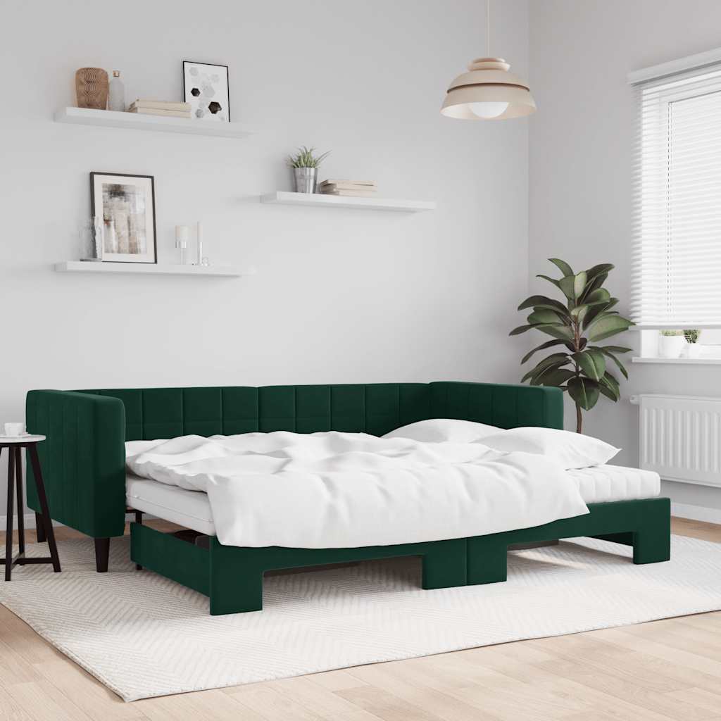 Sofá-cama c/ gavetão e colchões 90x200cm veludo verde-escuro