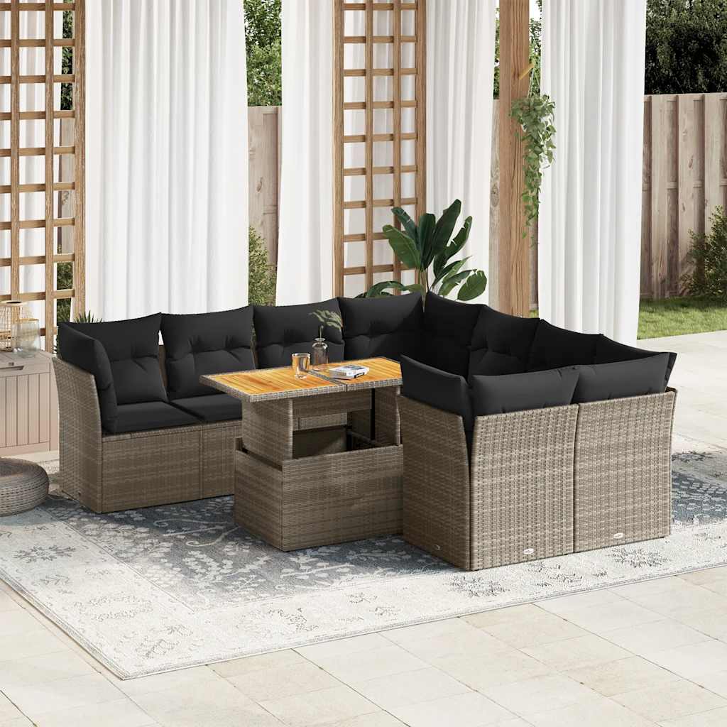 9 Pcs conjunto sofás p/ jardim com almofadões vime PE cinzento