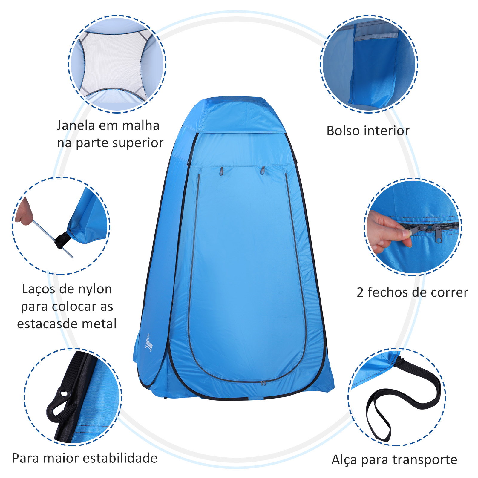 Tenda de acampamento multifuncional leve dobrável e estável à prova d'água com sistema pop-up 120x120x190 cm azul